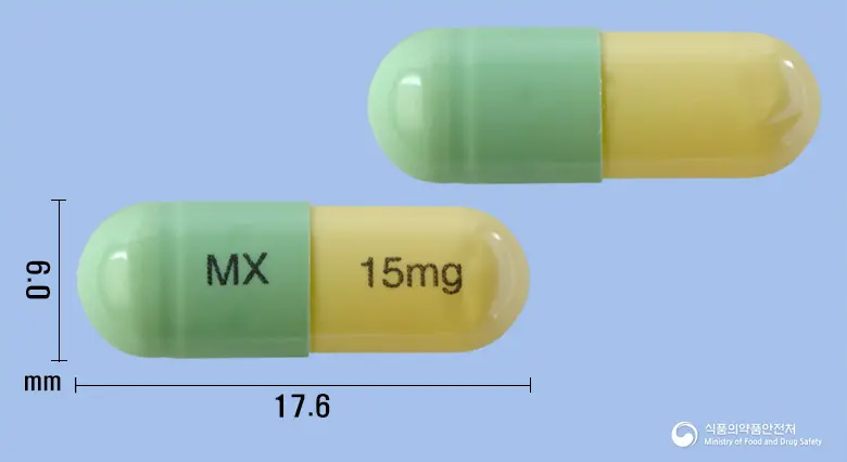 멜콕시캡슐15밀리그램(멜록시캄) 앞뒤 사진 (연두색 캡슐, 각인 MX 15mg)