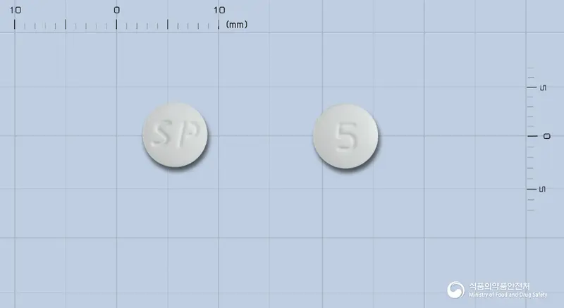 하이다릴정5밀리그램(염산이미다프릴) 앞뒤 사진 (흰색 원형, 각인 5)