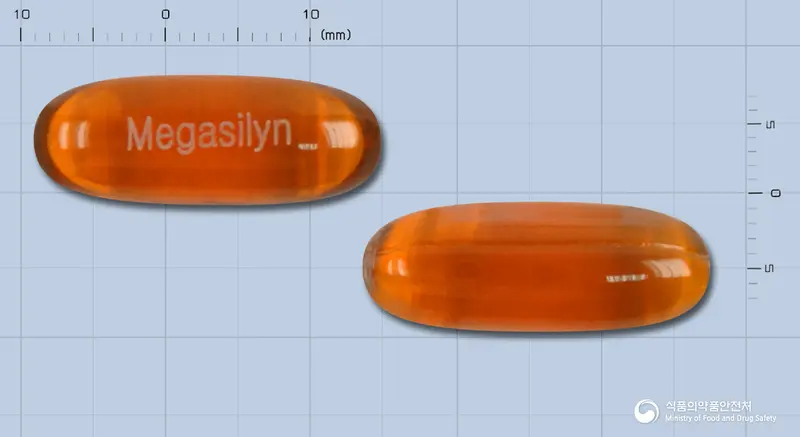 메가실린연질캡슐(카르두스마리아누스엑스) 앞뒤 사진 (갈색·투명 캡슐, 각인 Megasilyn)