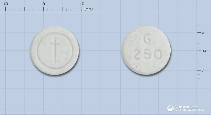 개비스콘츄어블정 앞뒤 사진 (흰색 원형, 각인 G 250)