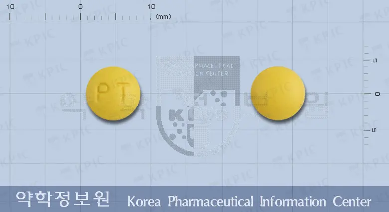 보령파록세틴서방정12.5mg(파록세틴염산염수화물) 앞뒤 사진 (노란색 원형, 각인 PT)