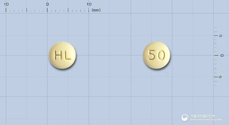 토피론정50밀리그램(토피라메이트) 앞뒤 사진 (노란색 원형, 각인 HL / 50)