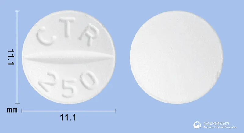 씨트로정(시프로플록사신염산염수화물) 앞뒤 사진 (흰색 원형, 각인 CTR 250)