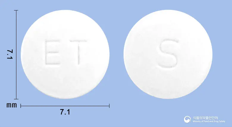 피오딘정(피오글리타존염산염) 앞뒤 사진 (흰색 원형, 각인 ET / S)