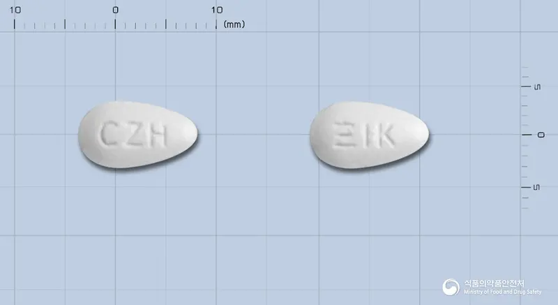 세자르정100mg(로사르탄칼륨) 앞뒤 사진 (흰색 기타, 각인 CZH)