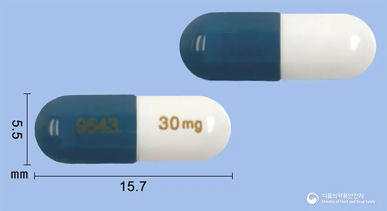 심발타캡슐30밀리그램(둘록세틴염산염) 앞뒤 사진 (파란색 캡슐, 각인 9543 30mg)