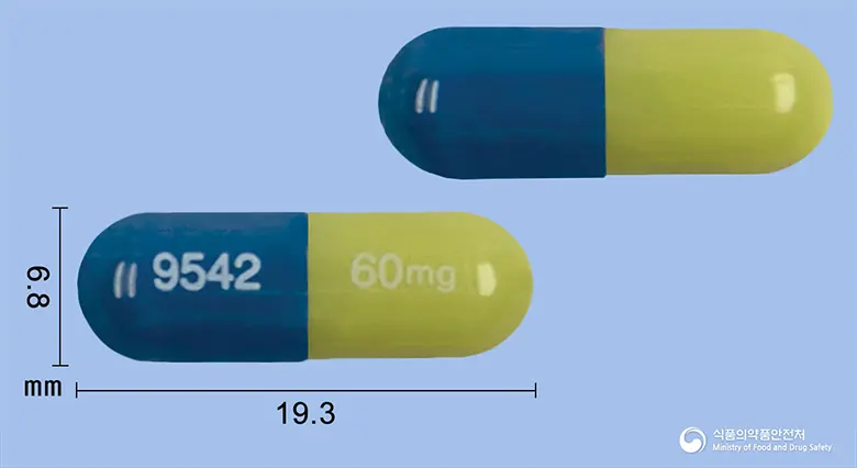 심발타캡슐60밀리그램(둘록세틴염산염) 앞뒤 사진 (파란색 캡슐, 각인 9542 60mg)