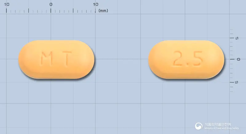 메티벤정 500/2.5mg(수출용) 앞뒤 사진 (주황색 장방형, 각인 MT / 2.5)