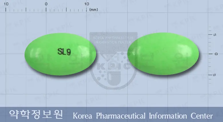 팜스타정 앞뒤 사진 (연두색 타원형, 각인 SL9)