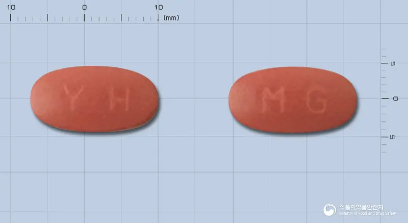 메가파워정 앞뒤 사진 (빨간색 타원형, 각인 YH / MG)