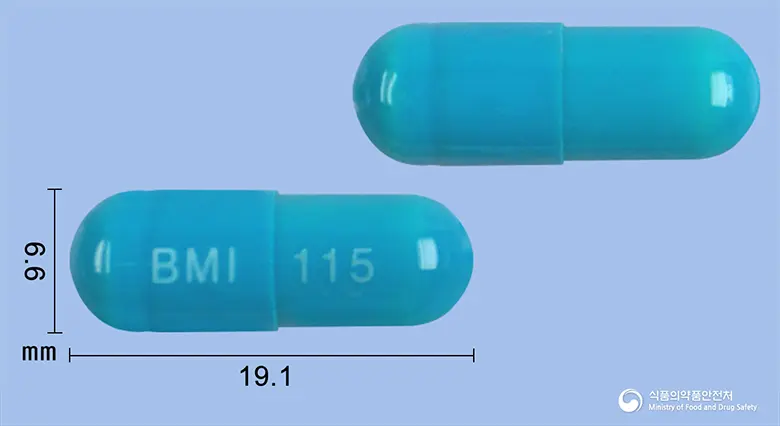 덴타메디에프캡슐 앞뒤 사진 (파란색 캡슐, 각인 BMI 115)