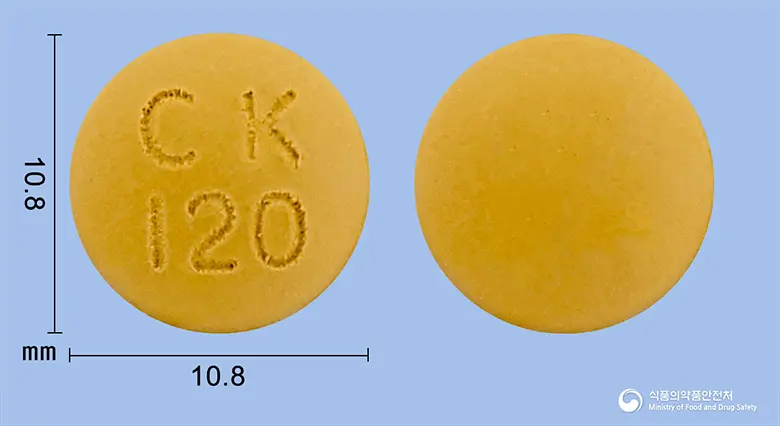세보칸에프정(은행엽엑스) 앞뒤 사진 (노란색 원형, 각인 CK120)