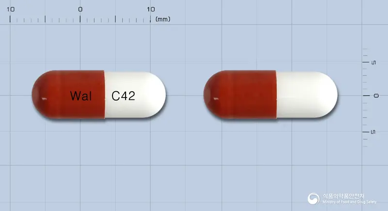 나프론캡슐(나프로닐옥살산염) 앞뒤 사진 (빨간색·투명 캡슐, 각인 Wal C42)
