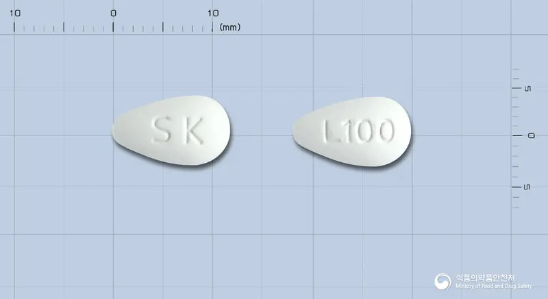 코스카정100mg(로사르탄칼륨) 앞뒤 사진 (흰색 기타, 각인 SK / L100)