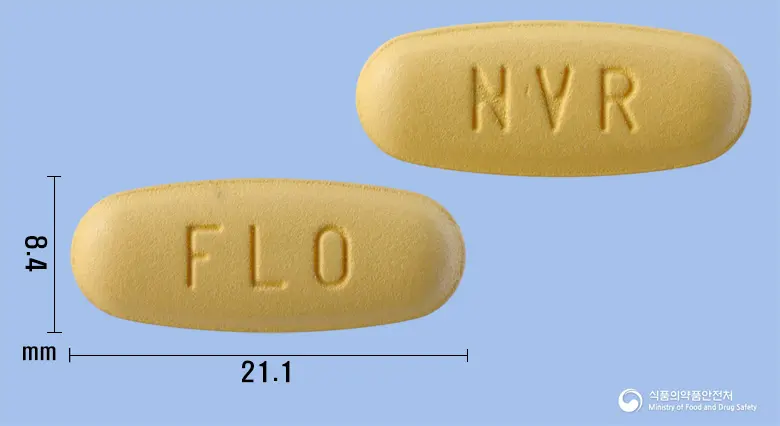 가브스메트정50/1000밀리그램 앞뒤 사진 (노란색 타원형, 각인 FLO / NVR)