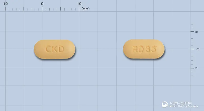 리드로퀸정35밀리그램(리세드론산나트륨일수화물) 앞뒤 사진 (주황색 장방형, 각인 CKD / RD 35)