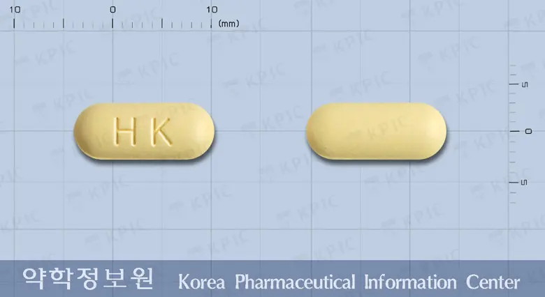 라노펜정 앞뒤 사진 (노란색 장방형, 각인 HK)