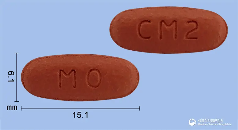 맥스디오플러스정160/12.5mg 앞뒤 사진 (갈색 타원형, 각인 MO / CM2)