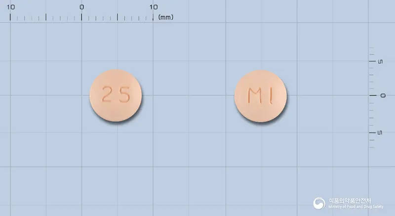 파록스씨알정25밀리그램(파록세틴염산염수화물) 앞뒤 사진 (분홍색 원형, 각인 25 / MI)