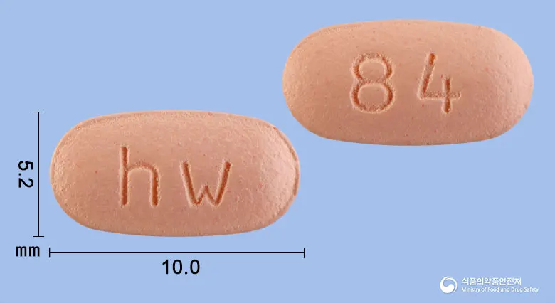 코플렉스정80/12.5mg 앞뒤 사진 (분홍색 타원형, 각인 hw / 84)