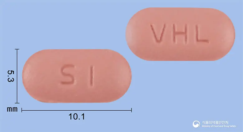 네오반플러스정 앞뒤 사진 (분홍색 장방형, 각인 SI / VHL)