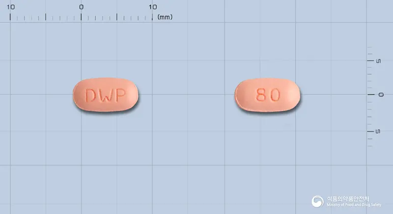 코디오르탄정80/12.5밀리그램 앞뒤 사진 (분홍색 타원형, 각인 DWP / 80)