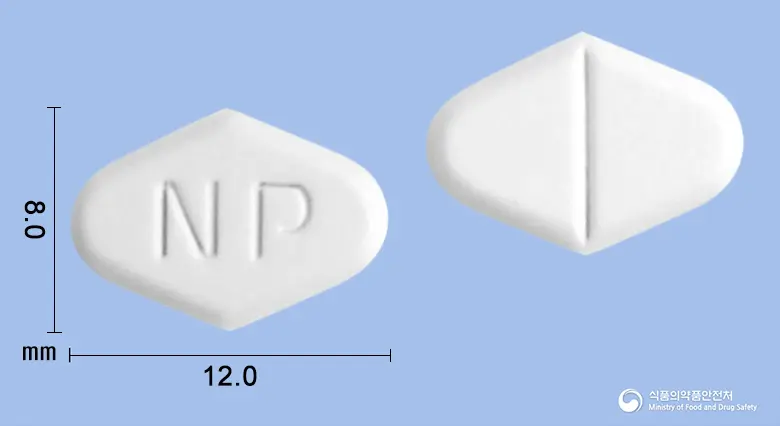히스탄에프정24mg(베타히스틴염산염) 앞뒤 사진 (흰색 마름모형, 각인 NP)