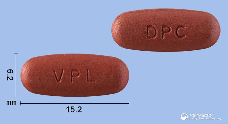 발탄플러스정160/12.5밀리그램 앞뒤 사진 (빨간색 타원형, 각인 VPL / DPC)