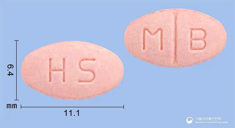 메가베타정24mg(베타히스틴염산염) 앞뒤 사진 (분홍색 타원형, 각인 HS / M B)