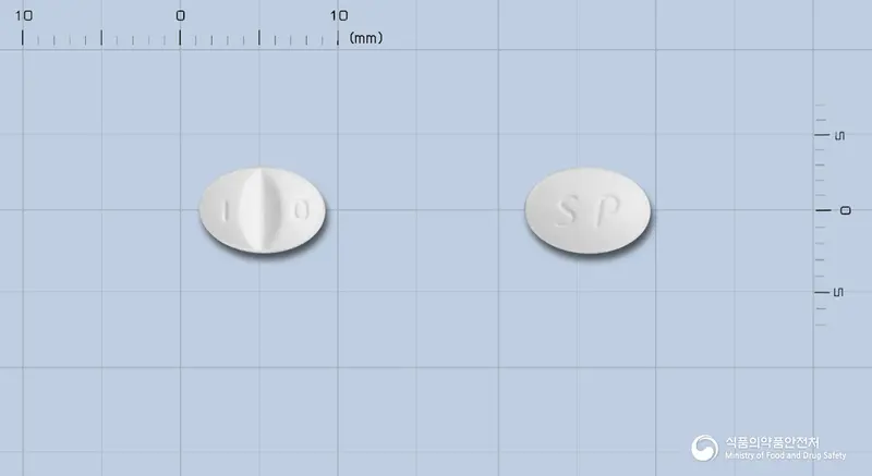 렉스시탐정10mg(에스시탈로프람옥살산염) 앞뒤 사진 (흰색 타원형, 각인 1 0 / SP)