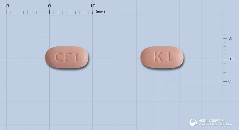 클로반플러스정80/12.5mg 앞뒤 사진 (분홍색 타원형, 각인 CF1 / KI)