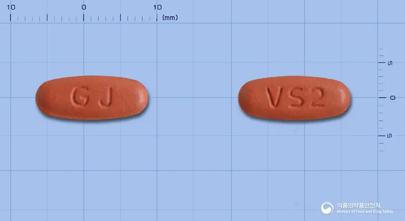 발데사르플러스정160/12.5mg 앞뒤 사진 (빨간색 타원형, 각인 GJ / VS2)