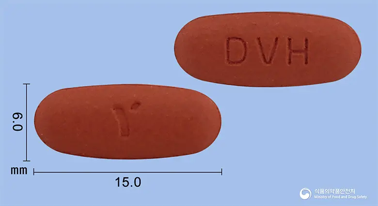 듀오탄정160/12.5mg 앞뒤 사진 (갈색 타원형, 각인 DVH)