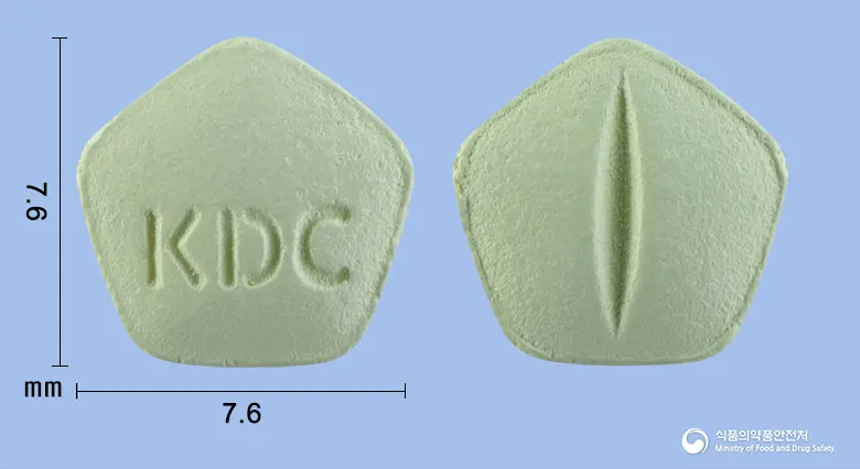 로피맥스정1밀리그램(로피니롤염산염) 앞뒤 사진 (연두색 오각형, 각인 KDC)