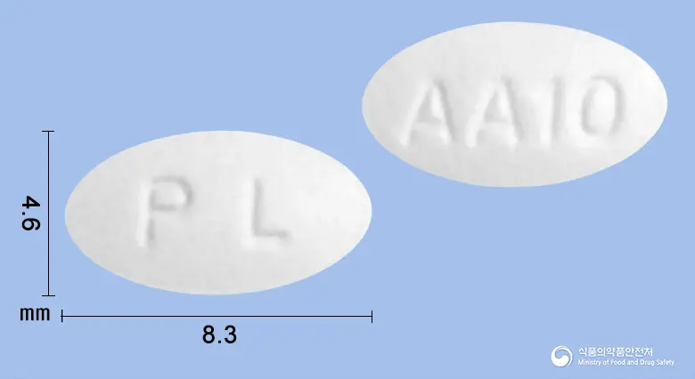 콜듀엣정5mg/10mg 앞뒤 사진 (흰색 타원형, 각인 PL / AA10)