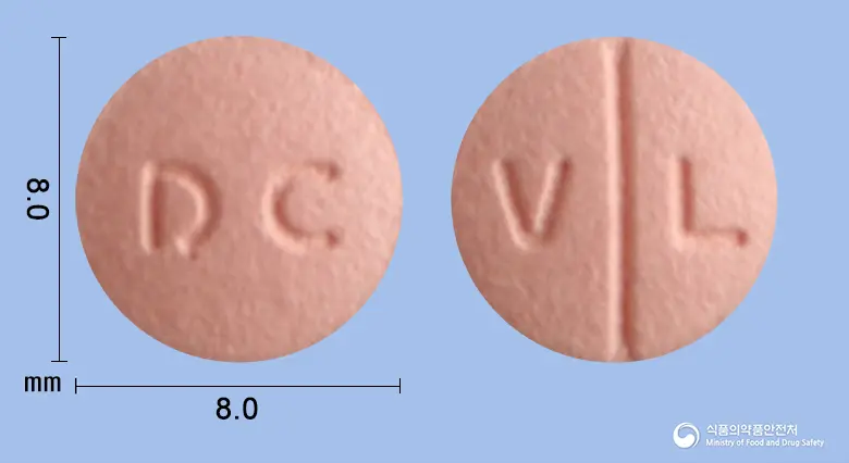 동구발사르탄정80mg(발사르탄) 앞뒤 사진 (분홍색 원형, 각인 DC / V L)