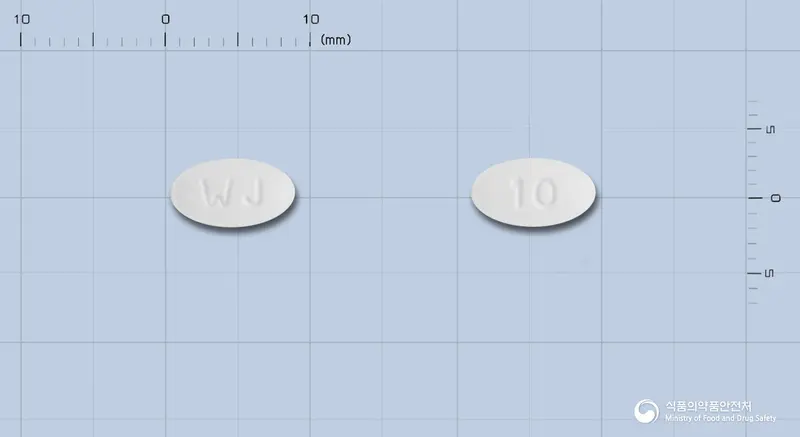 노토바정5mg/10mg 앞뒤 사진 (흰색 타원형, 각인 WJ / 10)