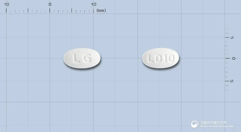 리바듀엣정 5/10mg 앞뒤 사진 (흰색 타원형, 각인 LG / LD10)