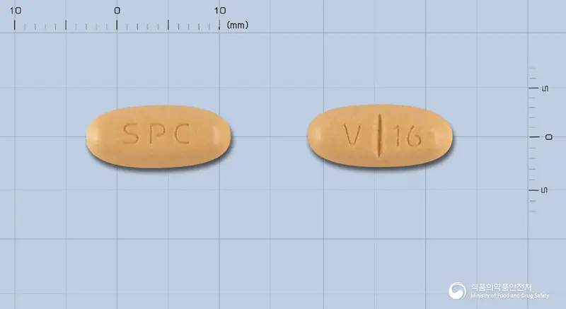 사르발탄정160밀리그램(발사르탄) 앞뒤 사진 (주황색 타원형, 각인 SPC / V 16)
