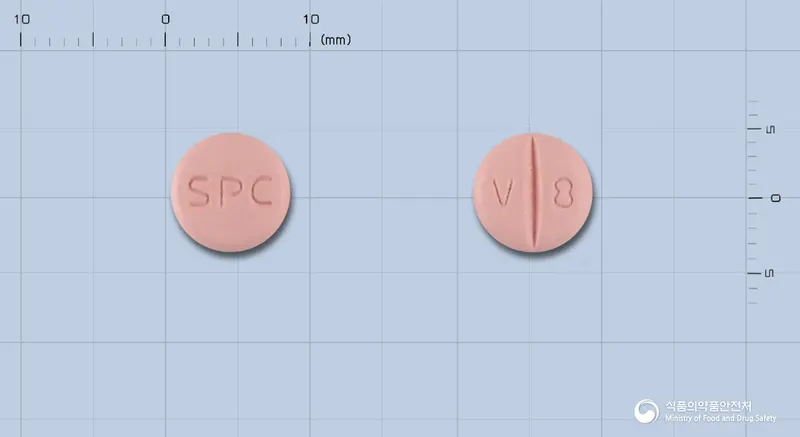사르발탄정80밀리그램(발사르탄) 앞뒤 사진 (분홍색 원형, 각인 SPC / V 8)