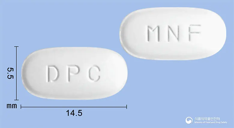 동광모니플루메이트정350mg 앞뒤 사진 (흰색 타원형, 각인 DPC / MNF)