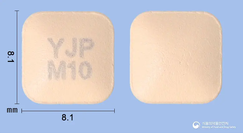 몬카스트정10mg(몬테루카스트나트륨) 앞뒤 사진 (분홍색 사각형, 각인 YJPM10)