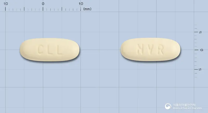 코라실레즈정 150/25밀리그램 앞뒤 사진 (노란색 타원형, 각인 CLL / NVR)