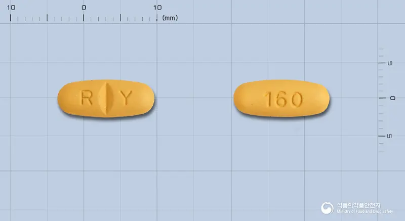 디로탄정160mg(발사르탄) 앞뒤 사진 (주황색 타원형, 각인 R Y / 160)