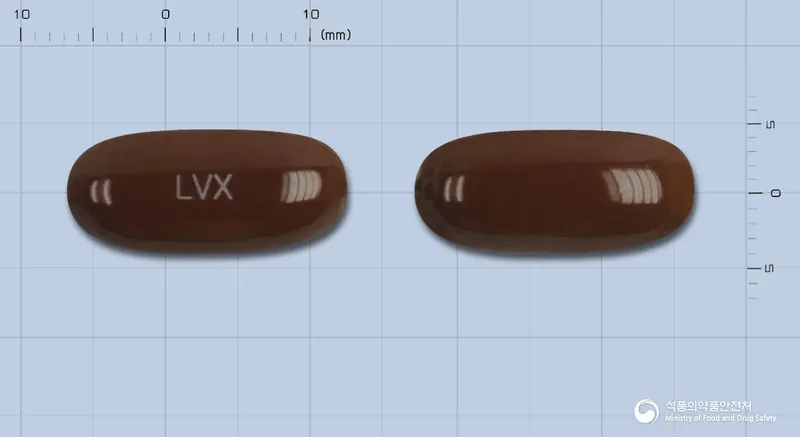 영진리버렉스연질캡슐350mg(밀크시슬열매건조엑스) 앞뒤 사진 (갈색 캡슐, 각인 LVX)