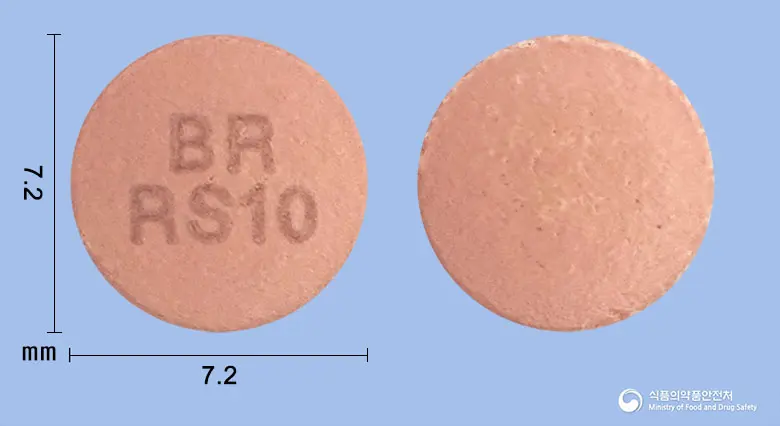 크레산트정10mg(로수바스타틴칼슘) 앞뒤 사진 (분홍색 원형, 각인 BRRS10)