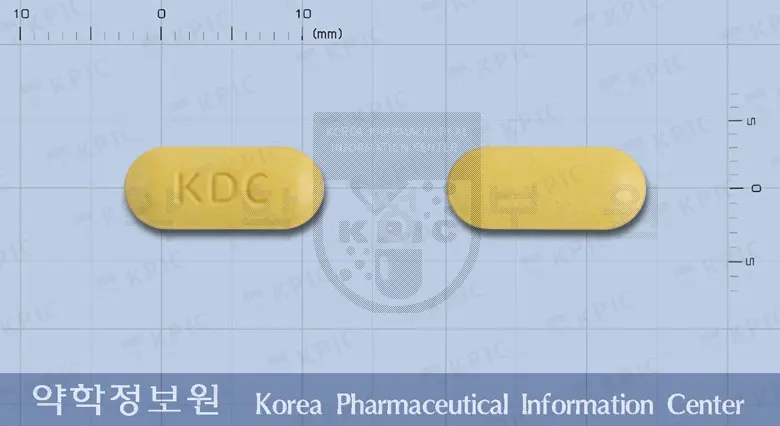 진코멕신정120mg(은행엽건조엑스) 앞뒤 사진 (노란색 장방형, 각인 KDC)