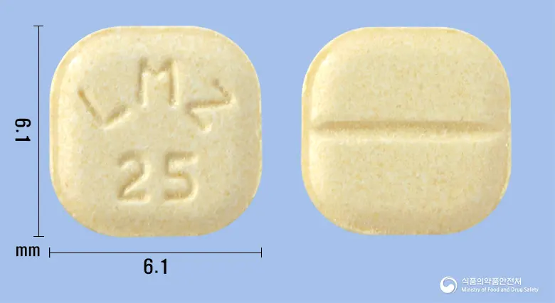라모진정25mg(라모트리진) 앞뒤 사진 (노란색 사각형, 각인 LMZ25)
