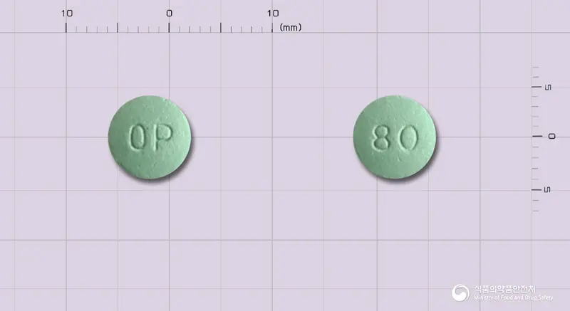 옥시콘틴서방정80mg(옥시코돈염산염) 앞뒤 사진 (초록색 원형, 각인 OP / 80)