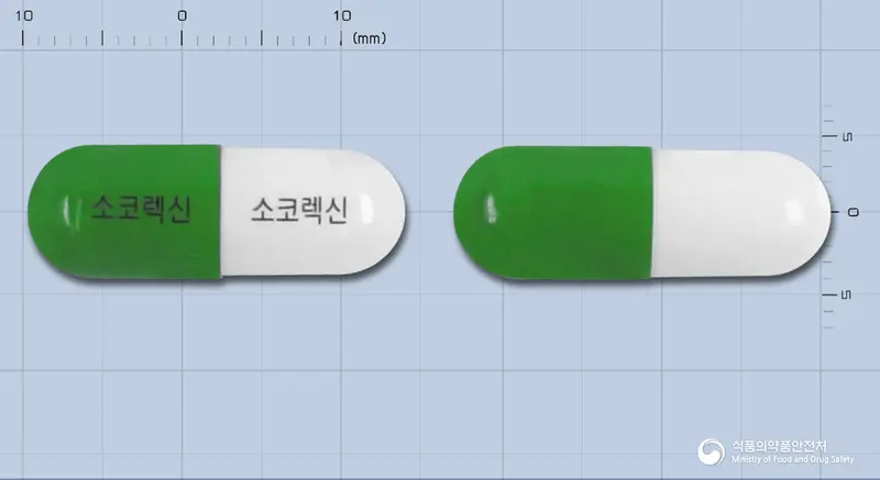소코렉신캡슐(은교산) 앞뒤 사진 (초록색 캡슐, 각인 소코렉신 소코렉신)